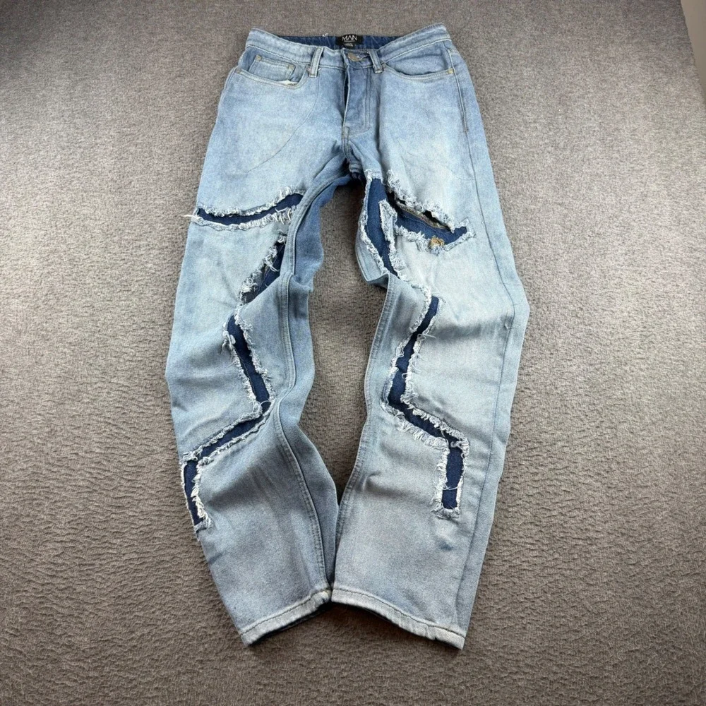 boohooMAN Jeans Men's 28 Blue Distressed Patchwork Straight Leg Streetwear